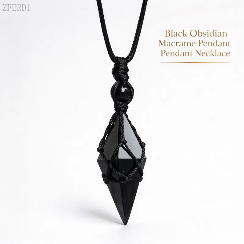 Black Obsidian Pendulum Necklace Hand Woven Cord Gothic Spiritual Healing Crystal Pendant