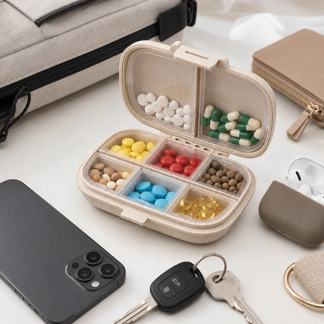 Portable Pill Organizer Travel Case, 7 Compartments Medicine Storage Box with Moisture-Proof Seal, Compact Daily Vitamin Container for Purse, Pocket & Travel