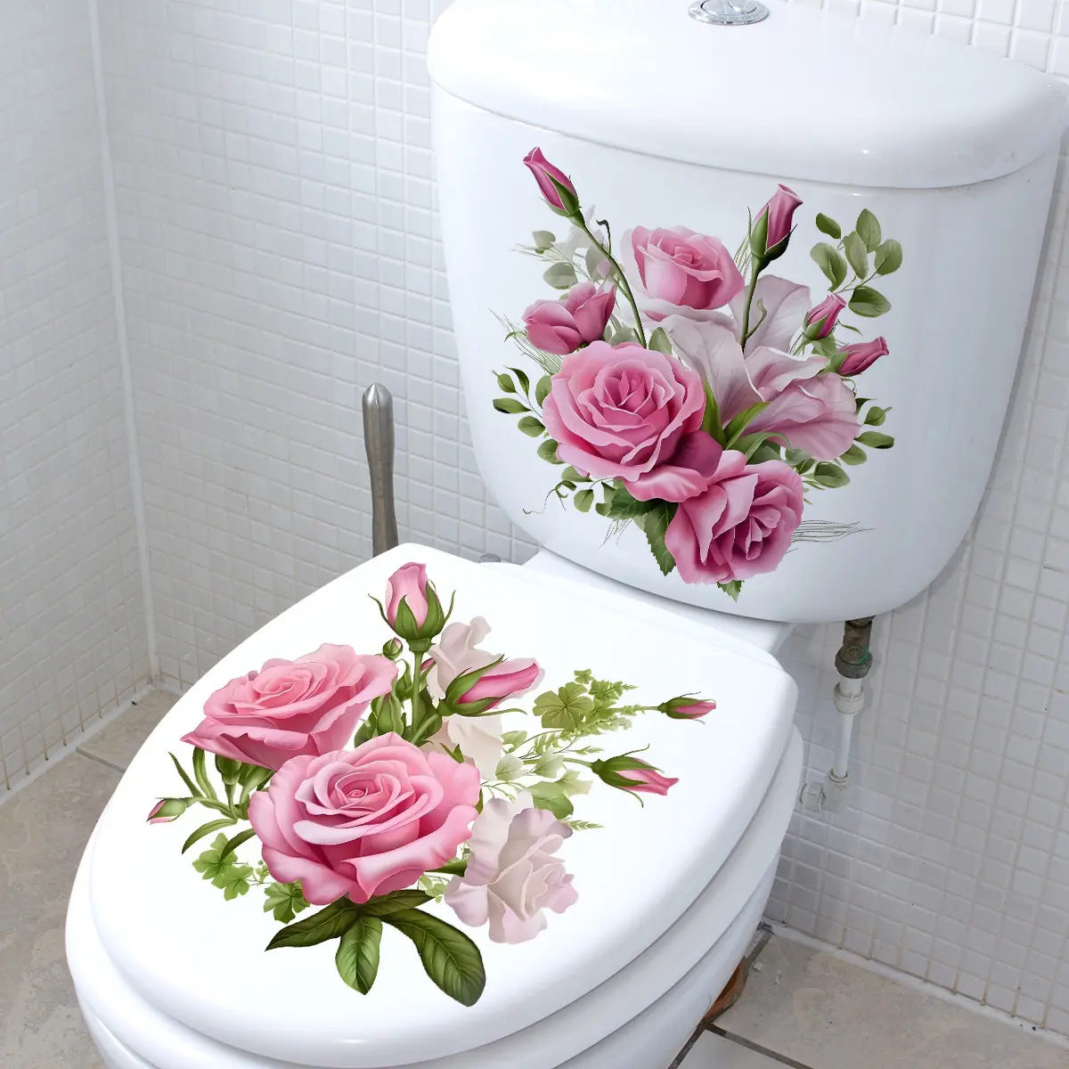 2pcs Elegant Pink Rose Flower Toilet Decals, Waterproof Self-Adhesive Vinyl Stickers for Bathroom Toilet Seat & Cistern, Create a Romantic Garden Atmosphere, Easy DIY Bathroom Decor