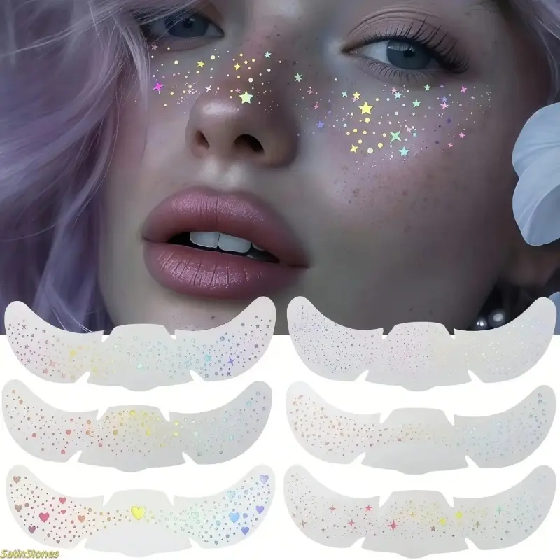 6‑Pack Glitter Temporary Tattoo Stickers, Waterproof Glitter Freckles Hearts Stars Rainbow, Party Makeup Fake Face Tattoos