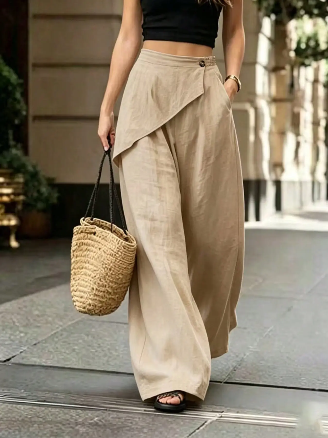 Loose Fit Linen Wide Leg Pants, Semi-Elastic Waist Asymmetrical Layered Design, Versatile Casual Trousers for Commuting and Travel