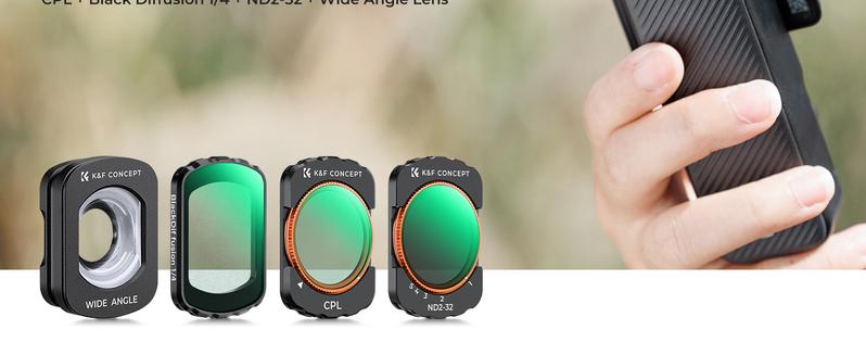 K&F Concept 4 Pack Magnetic Filter Set Compatible with DJI Osmo Pocket 3, CPL Polarizer Filter, Variable ND2-32, Black Diffusion Mist 1/4, Wide Angle Lens, Action Camera Accessories