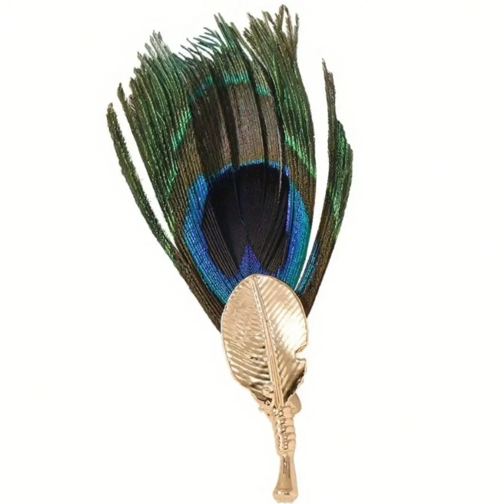 Natural Peacock Tail Feather Brooch Unisex Polished Metal Leaf Suit Decor Pin