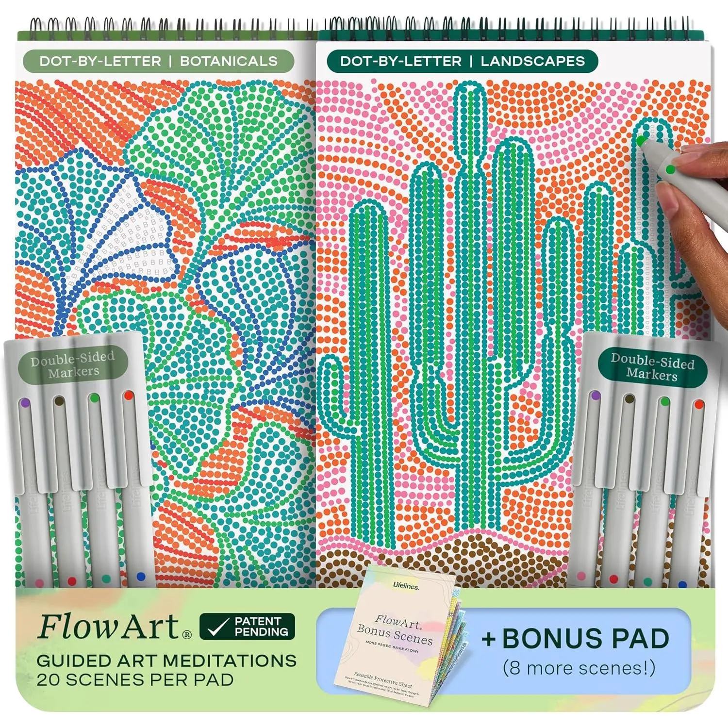 Lifelines FlowArt Activity Pads, 2-Pack & Bonus Pad - Guided Dot-by-Letter Art Meditations - 8 Double-Sided Markers & 48 Scenes - Color by Number/Letter Coloring Books for Tweens, Adults & Seniors