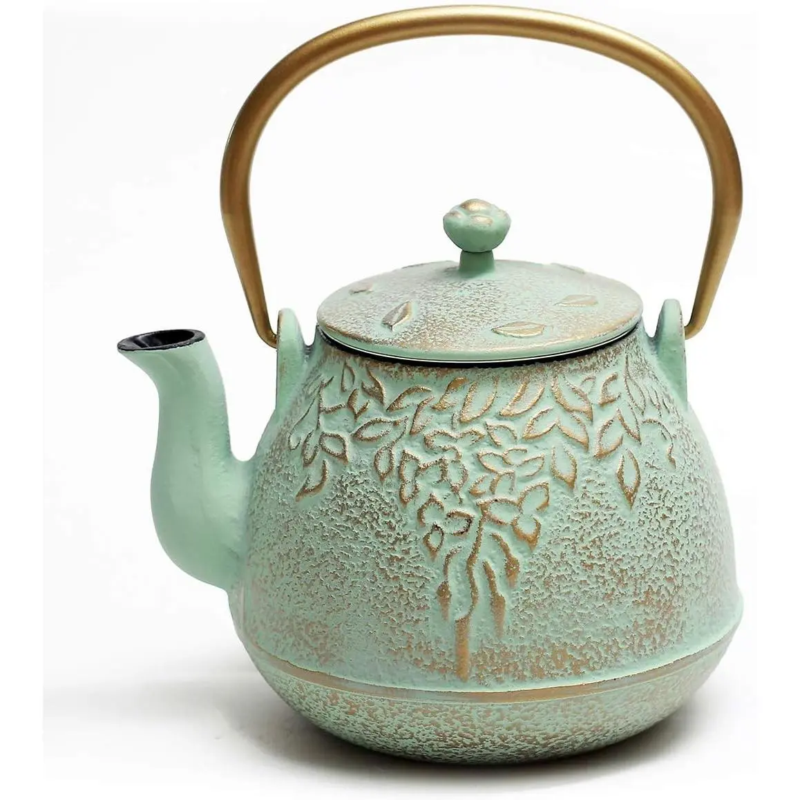 32oz(950ml) Cast Iron Japanese Teapot with Stainless Steel Infuser, Stovetop Safe, Enameled Interior, Light Green Leaf Design