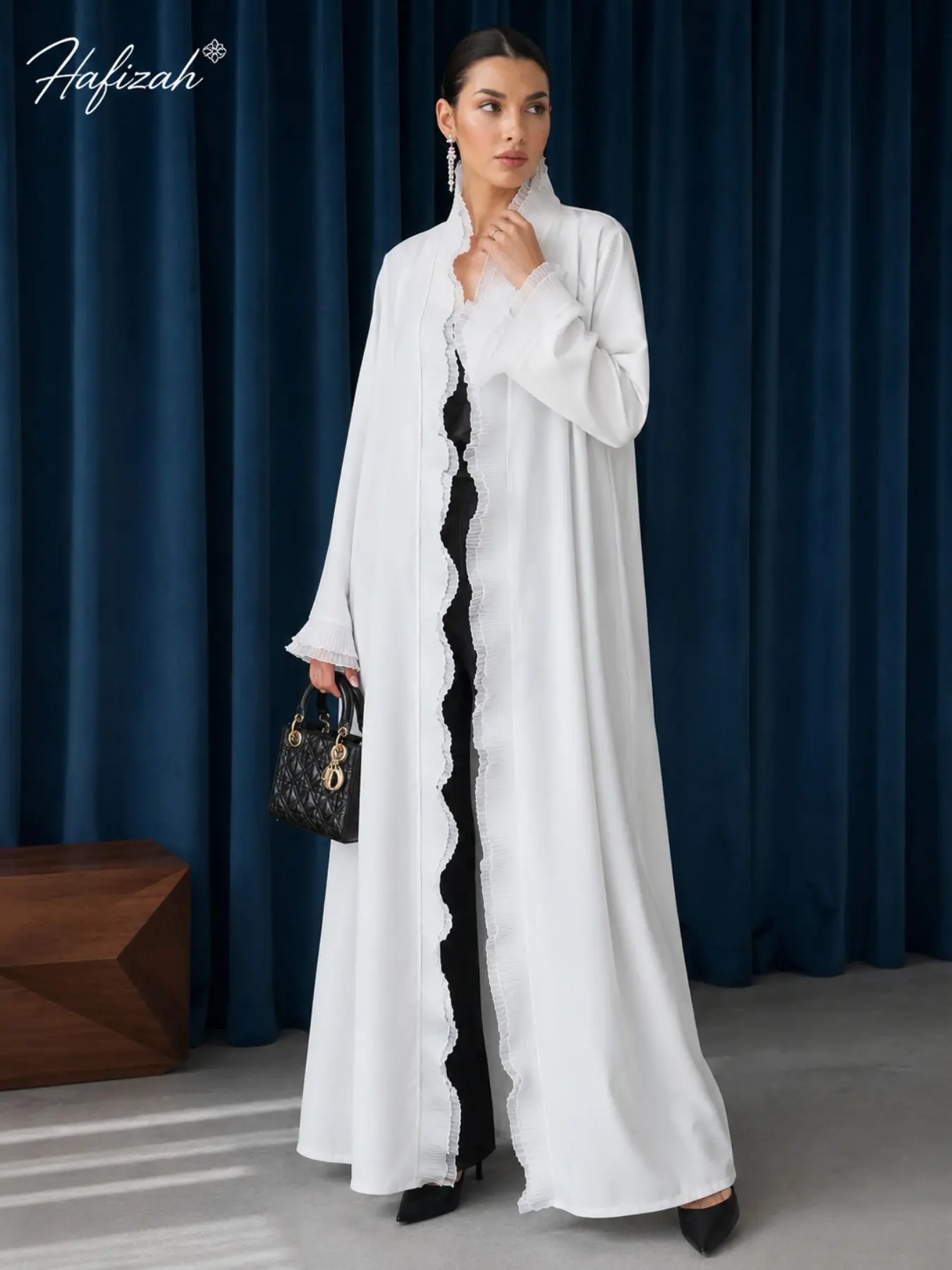 Women's Open Front Abaya, Ruffled Hem Long Sleeve Maxi Dress, Elegant Modest Muslim Clothing, Flowy Loose Fit Fashion