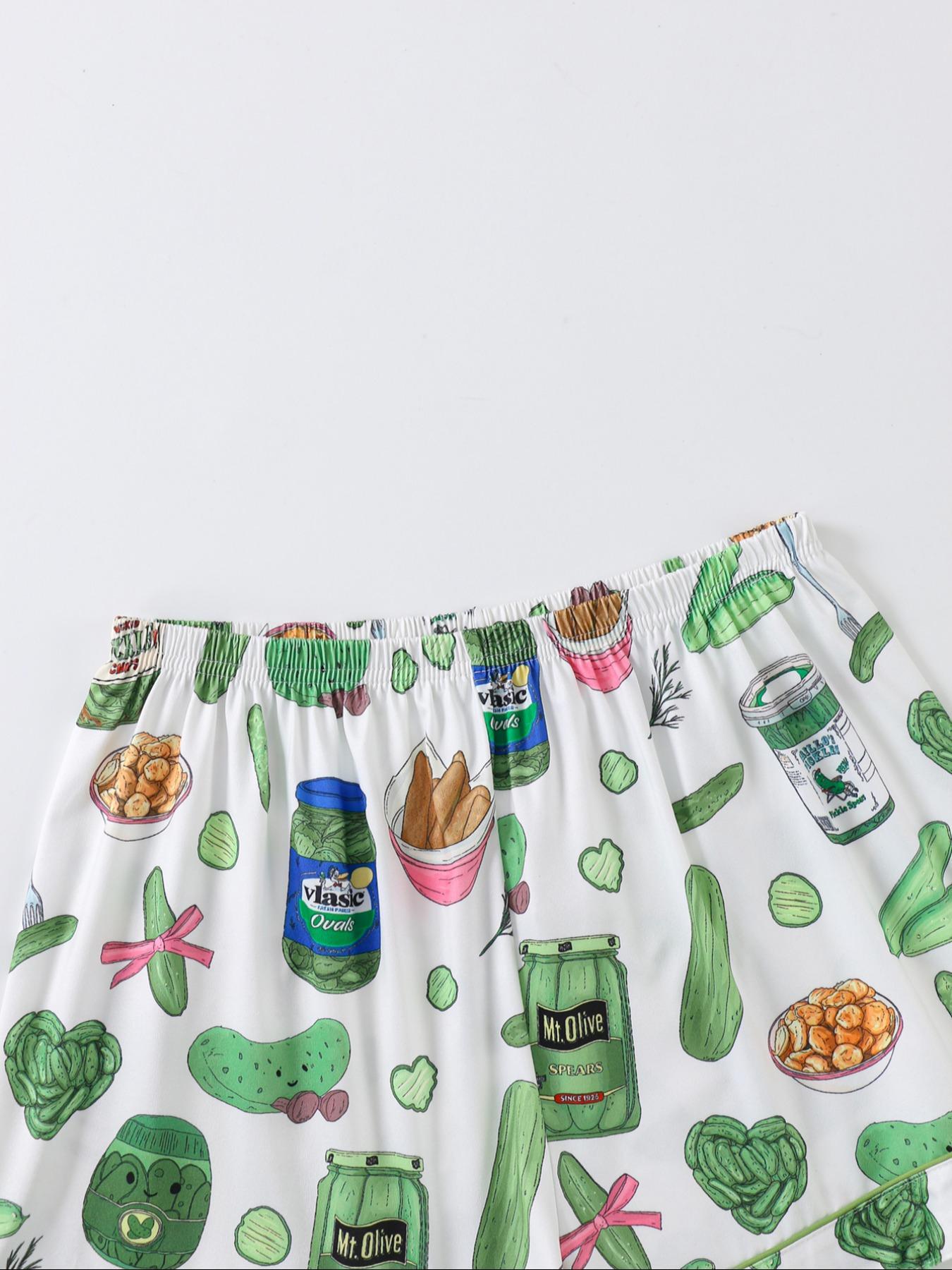 2-Piece Vegetable Print Women's Pajama Set, Button-Up Short Sleeve Top and Comfortable Shorts, Elegant Sleepwear for All Seasons