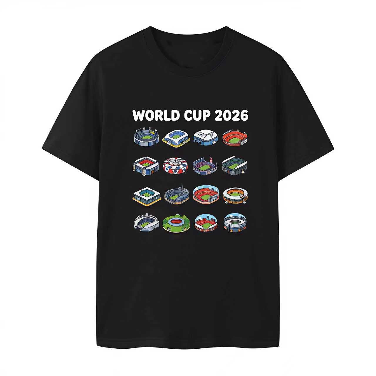 2026 World Cup 16 Stadiums Cartoon Print Short Sleeve Football Fan Commemorative T-Shirt