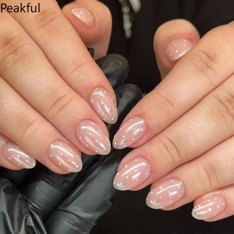 24Pcs Wholesale French Press-On Nails with Sparkly 3D Flowers & Rhinestone Bows, Cute Short Almond Fake Nails for Women, Glossy Glitter Floral Manicure Set, Cross-Border Hot Sale Party & Daily Wear
