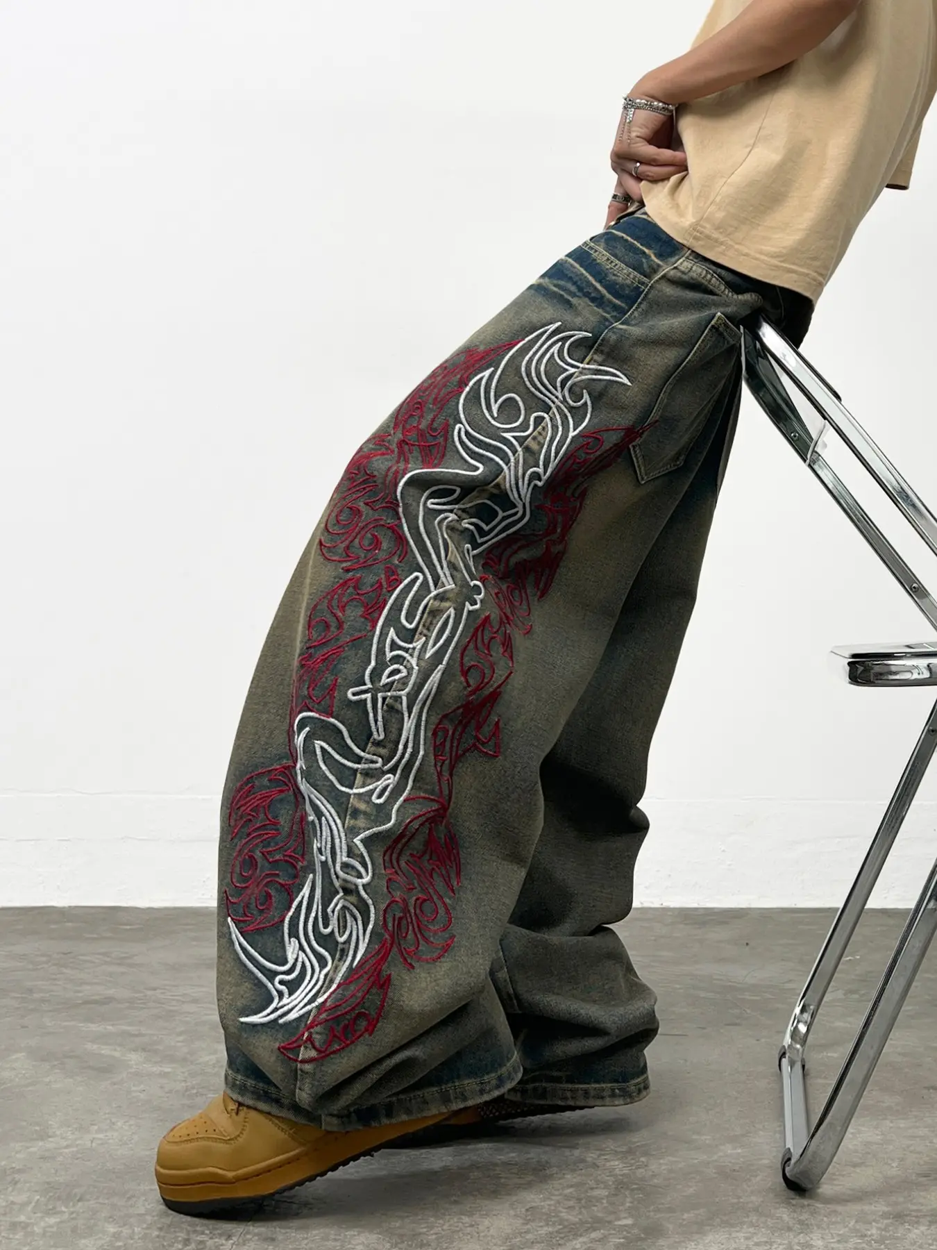 Men's Vintage Denim Embroidered Jeans, Loose-Fit Baggy Straight Leg Wide Leg Pants, Y2K Street Style, Embroidery, All Seasons, Multiple Sizes Available