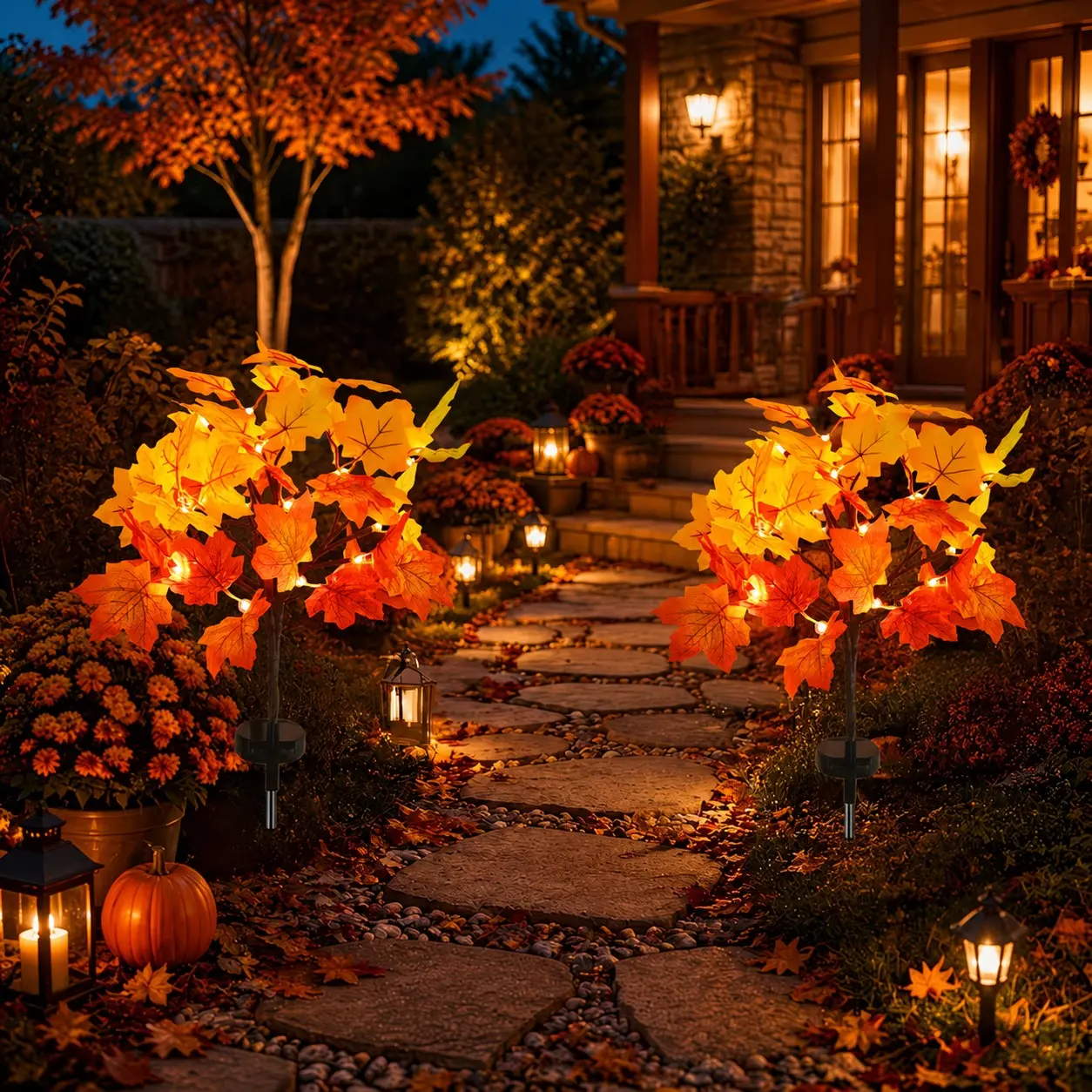 2 Packs Solar Fall Thanksgiving Decorations Outdoor, Maple Leaf Pumpkin Fall Lights, Decorative Lights for Outdoor Fall Decorations, IP44 Waterproof Thanksgiving Lights for Yard, Pathway Harvest Decor