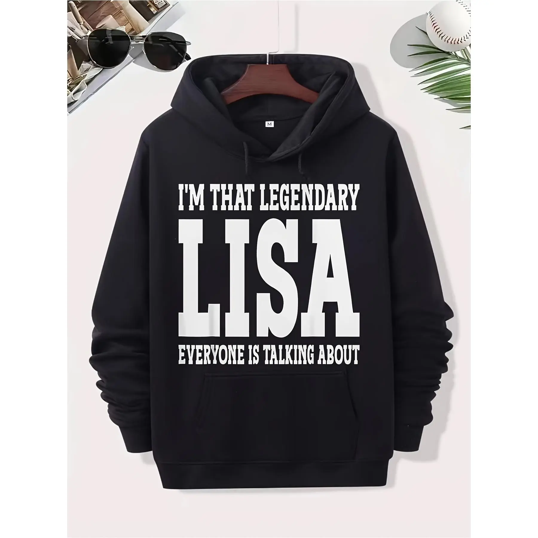 Fun Lisa classic black pullover hoodie, with kangaroo pocket, perfect for game days and casual wear, unisex, urban fashion, edge aesthetics, comfortable fit, for fashion enthusiasts