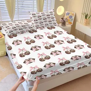 Coquette Aesthetic Leopard Lip and Cherry Bow Print Fitted Sheet Set, Y2K Style, Soft Breathable Fabric, Non-Slip Deep Pockets, Ideal for Girl's Bedroom Decor