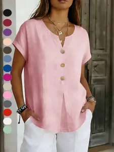 2026 Summer New Women's Fashion Short Sleeve Button Cotton Linen Top, Pure Color Casual Blouse, European and American Style
