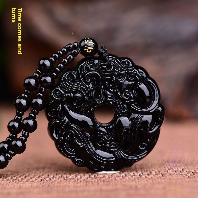 Imitation jade safety necklace, glazed female rose pendant, dark green glass, Pixiu long pendant, send Guanyin Buddha national style