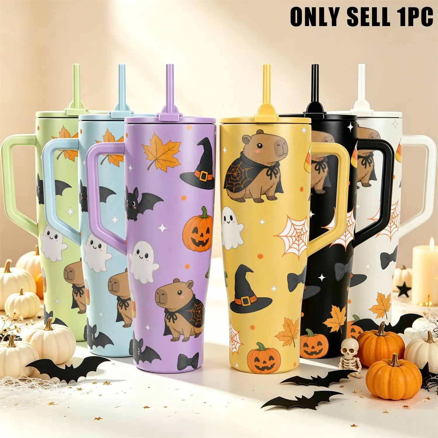 1pc 40oz Cute Halloween Tumbler With Straw, Reusable Cup with Capybara, Ghost, Bat, Pumpkin, Witch Hat Prints, Portable Travel Hydration Cup for Gym, Hiking, Spooky Season Gift for Teens & Women Women's clothing