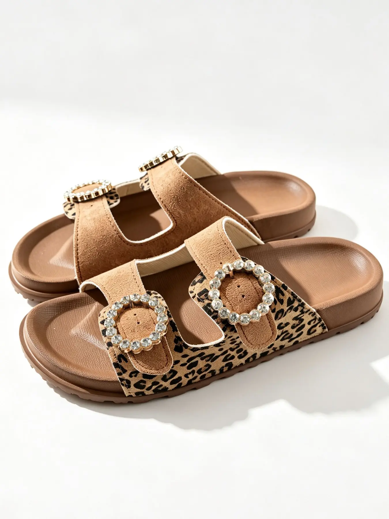 Women's Leopard Print Slippers, Adjustable Rhinestone Buckle, Casual Open Toe Flatform, Medium Width, Spring Summer Home Outdoor Shoes