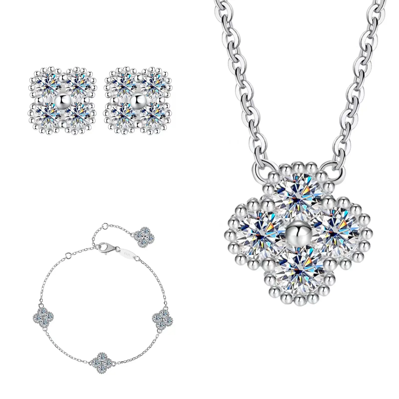 S925 Sterling Silver Moissanite 4-Clover Leaf 3-Piece Fashion Accessory Set - Pendant Necklace, Bracelet, Stud Earrings