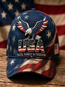 Vintage Worn Star Spangled Eagle Baseball Cap, Faith Family Freedom American Spirit, Casual Fitted Hat for All Seasons
