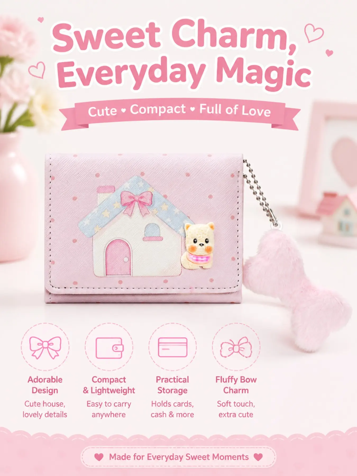 Adorable Wallet for Girls, Cute Bear Design, Multiple Card Slots, Lightweight & Compact, Perfect for Students & Sweeties