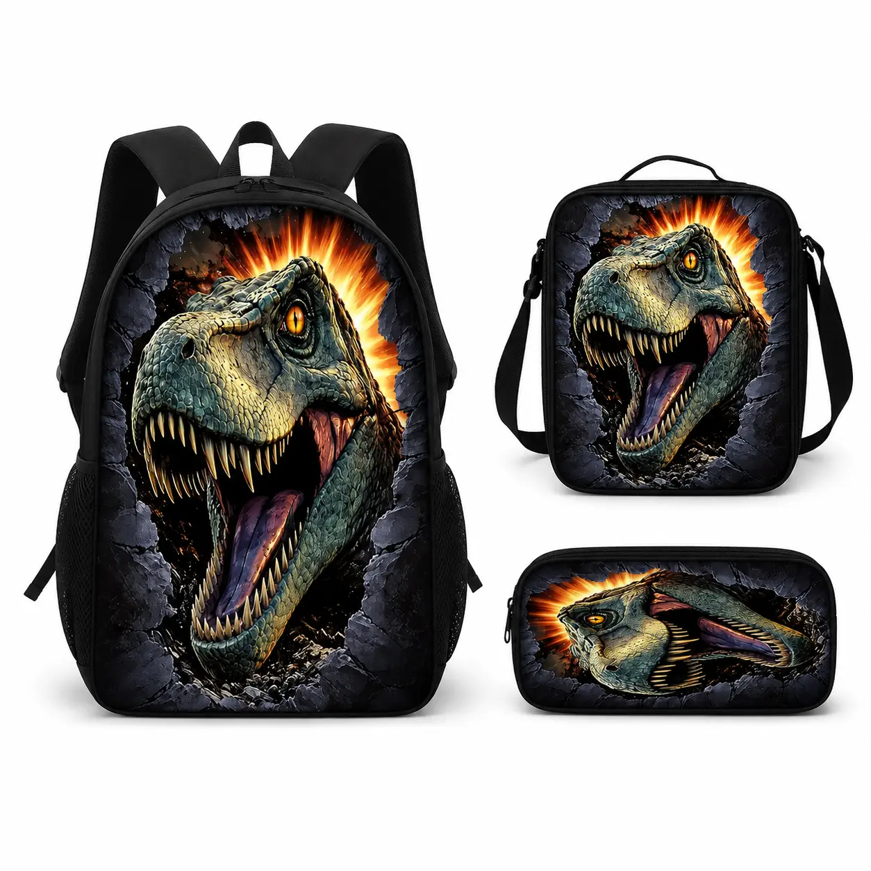 Roaring T-Rex 3-Piece Backpack Set, Realistic Dinosaur School Bookbag with Matching Lunch Bag and Pencil Case, Jurassic Style Backpack for Kids Teens, Dino Gift, School Travel Adventure Daypack Gift, Sports bag