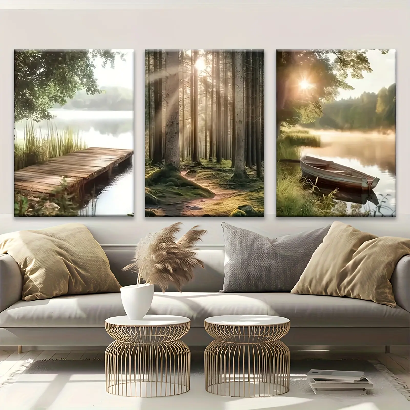 3Pcs Framed Artistic Stretch Photo Decoration - 2D Flat Printing Lake Forest Landscape Canvas Art, Zen Aesthetic Nature Wall Mural, for Living Room, Bedroom, Perfect Gifts for Birthday, Father's Day, Housewarming
