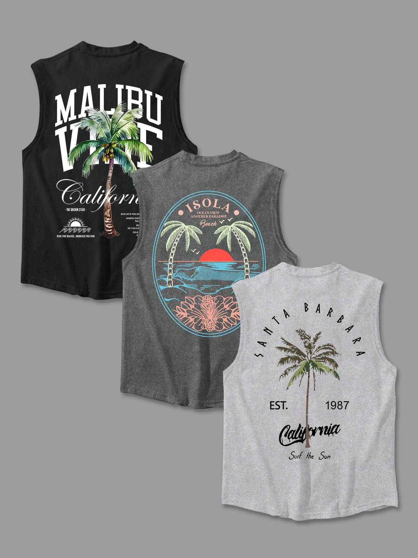 Men's Letter & Palm Tree Print Round Neck Tank Top, Regular Fit Casual Graphic Sleeveless Vest for Summer, Men's Top for Daily Wear, Menswear, Tank Tops Workout
