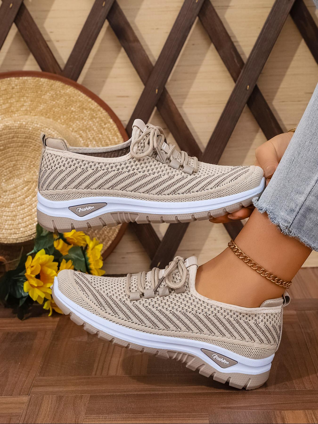 Women's Plus Size Casual Sneakers, Knitted Running Shoes, Lightweight Comfortable Travel Running Shoes, Low Top Anti-Slip Lace-Up Sports Shoes for Outdoor Activities