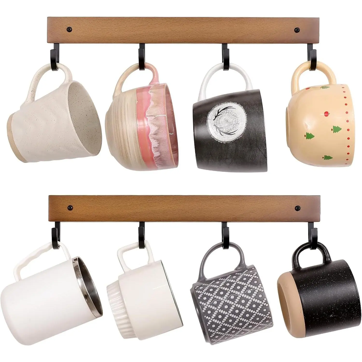 Mug Hook for Wall, 180° Swivel Hooks for Cups, Wooden Wall Mounted Rotatable Hooks for Hanging Mugs, Hats, Keys, Kitchen Utensils, Robe, Towel, Strong Metal Hook with Wood Base (2, Brown)
