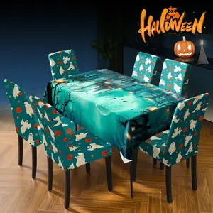Halloween table and chair decoration, featuring a full moon reflecting on an ancient haunted house rectangular tablecloth under the night sky, with reusable chair covers, suitable for Halloween restaurant decoration, and a perfect Halloween gift!