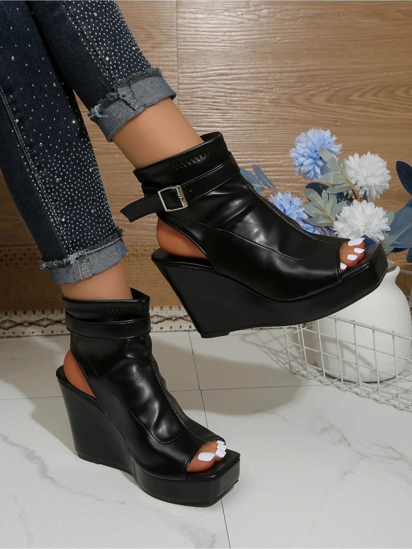 Peep Toe Wedge Heeled Ankle Booties Back Hollow Platform Sole High Heels Adjustable Buckle Strap Gothic Elegant Party Footwear Nightclub Shoes Daily Wedge Boots For Women