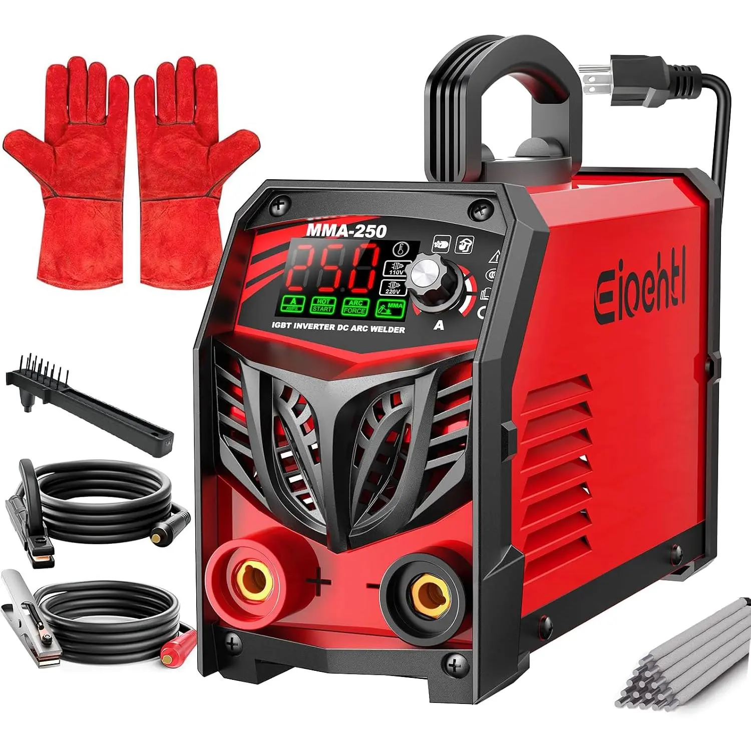 250Amp Stick Welder 110V/220V Dual Voltage, with LED Display ARC Machine w/Hot Start, IGBT Inverter, Welder with Complete Kit (10 Rods, Clamps, Gloves), Anti-Stick for Home/Diy/Farm
