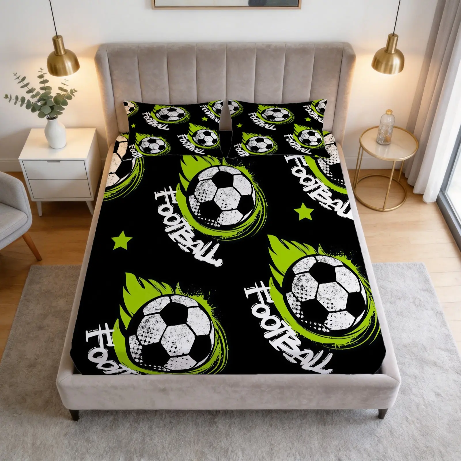 3-Piece Football Patterned Bed Sheet Set, Including 1 Bed Sheet And 2 Pillowcases (Excluding Pillow Core), Comfortable Bedding, Non Slip Suitable For Bedrooms, Suitable For Children And Teenagers As Gifts And Decorations