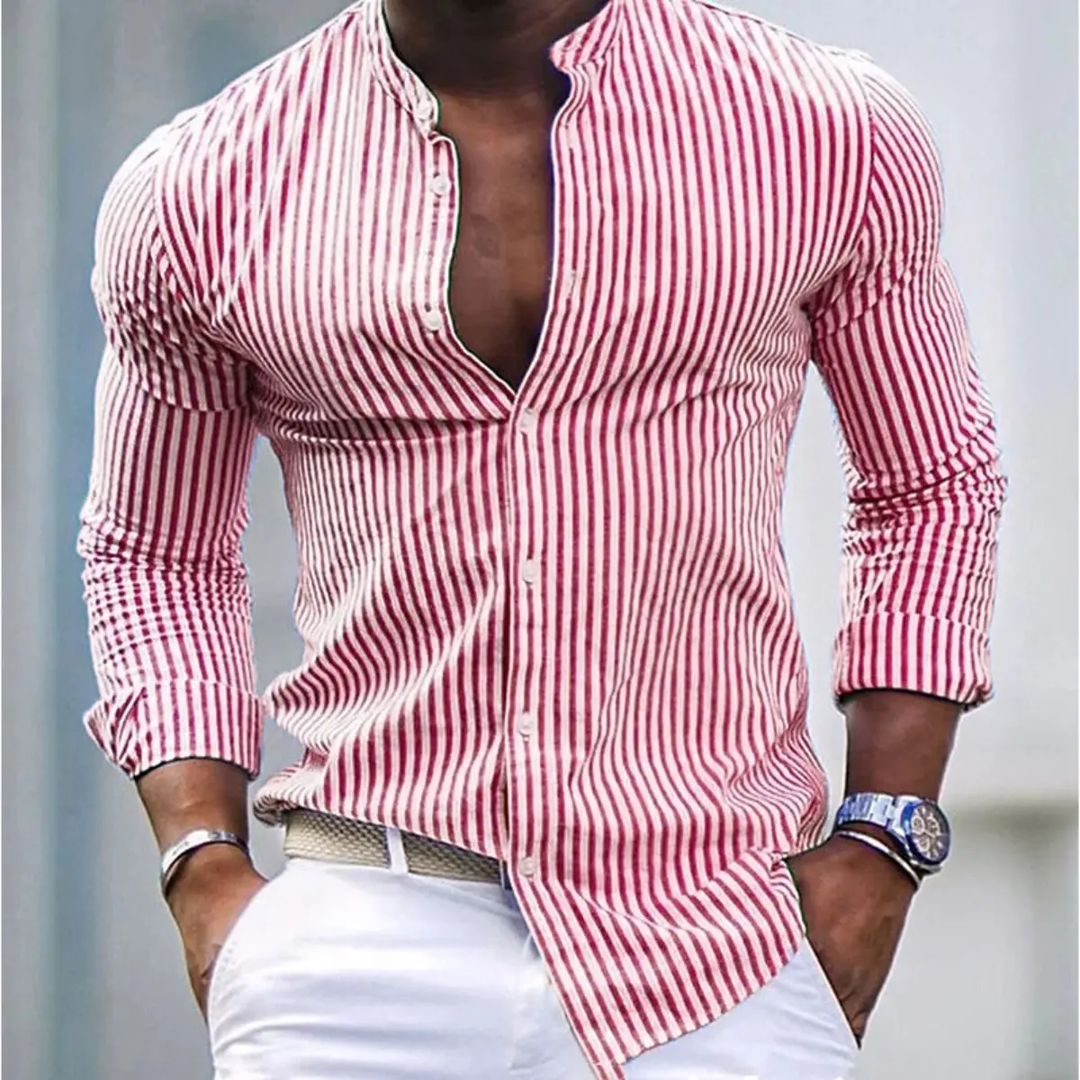 Men's Mandarin Collar Long-Sleeve Vertical Striped Slim Muscle Fit Lightweight Breathable Button-Up Shirt for Smart Casual, Office Wear