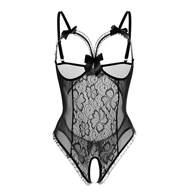 Women's V-Neck Plain Mesh Lace Sheer Teddy Bodysuit - Sports Bra Style, Open Cup, Delicate Bows, Frilly Ruffle Trim, Adjustable Thin Straps, Open Crotch Cut for Feminine Nightwear Silhouette, Bow Decorations