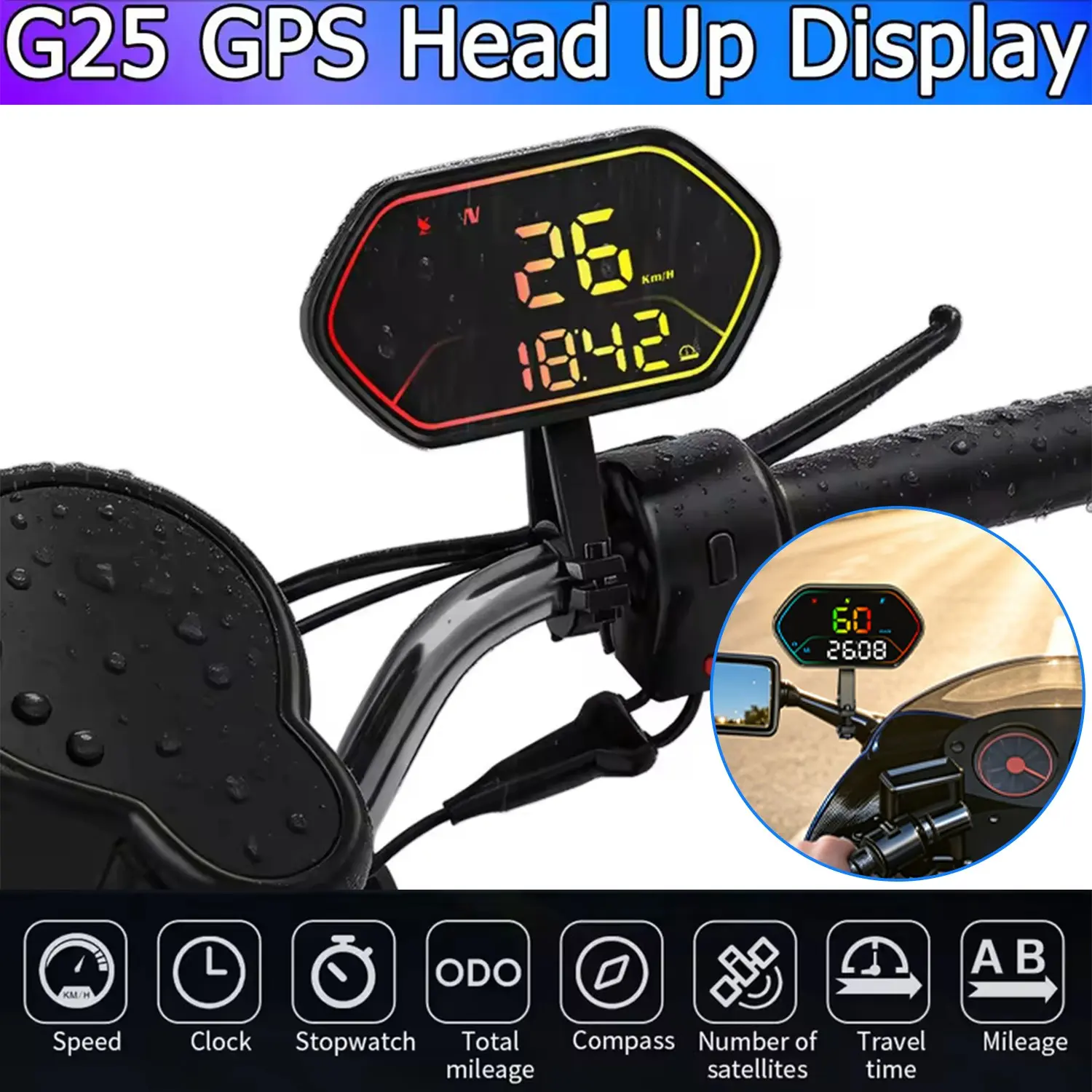 G25 Electric Bike Speedometer, GPS Digital LCD Display, IP68 Waterproof, Adjustable Brightness, Over-Speed Alarm, Universal Fit