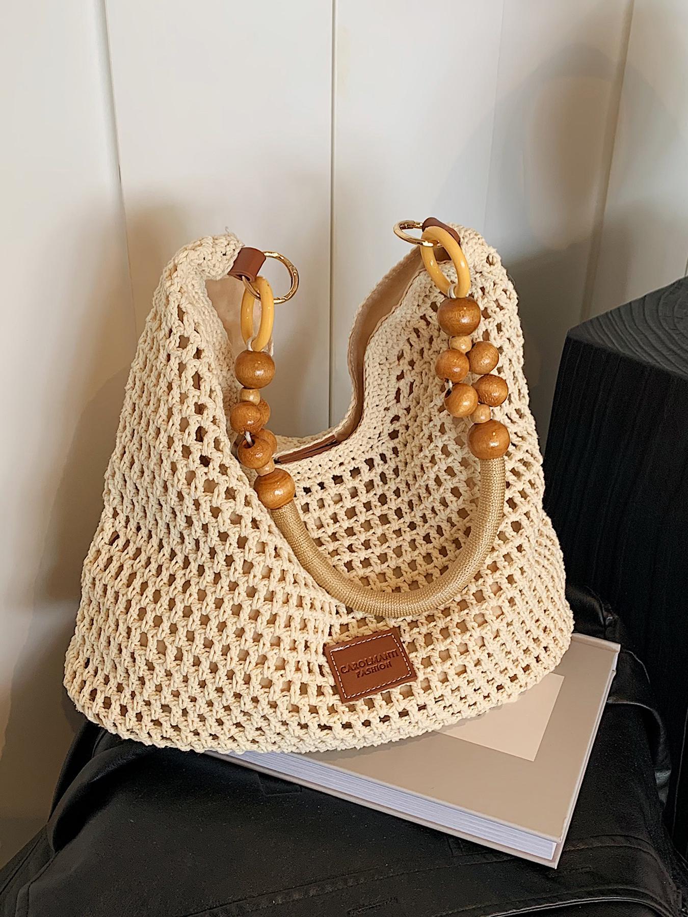 Women's Elegant Crochet Crossbody Bag, Fashionable Shoulder Bag with Wooden Beads Handle, Casual Trendy Versatile High-quality Daily Commuting Bag, Crossbody Purse, Casual Commuter Bag