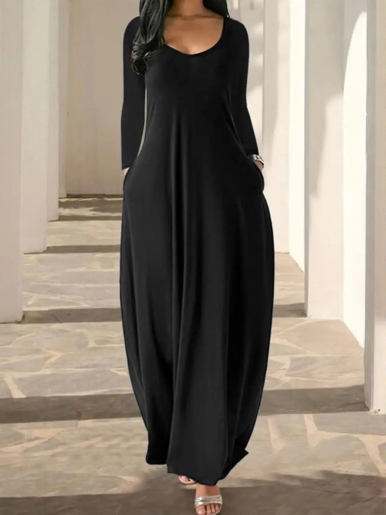 Women's Round Neck Long Sleeve Dress with Side Pockets, Casual Long Dress, Soft Home Wear, All Seasons, Multiple Colors Available