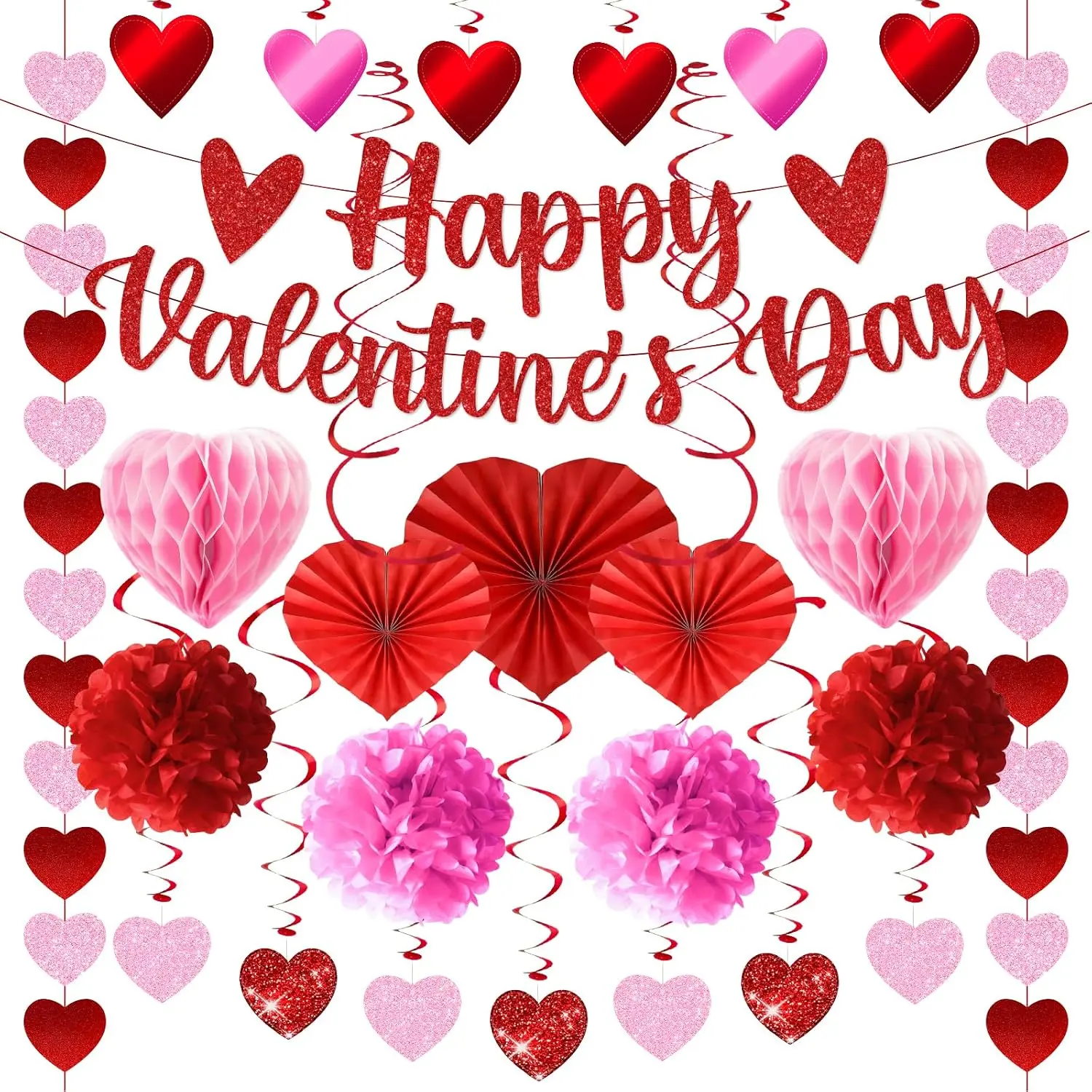 Valentines Day Decorations, Valentines Day Party Supplies with Happy Valentine's Day Banner Heart Garland  swirls and Red  Tissue Poms, for  Office Wedding Anniversary