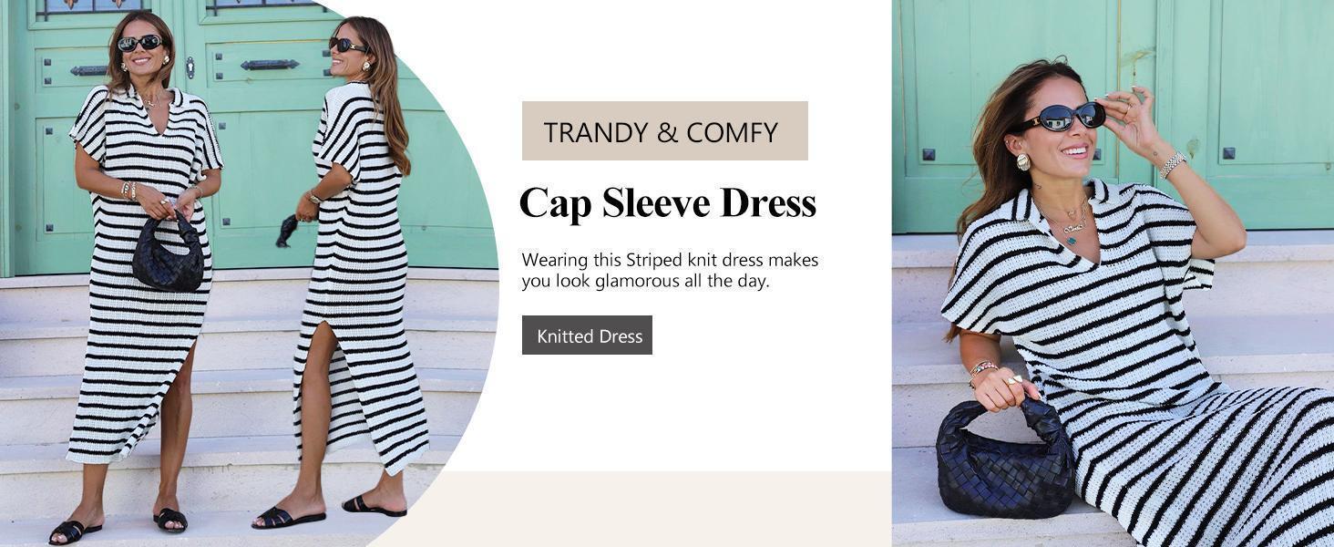 Imily Bela Womens Striped Summer Dresses Short Sleeve V Neck Knit Collared Sexy Slit Loose Maxi Sweater Dress SpringStatements Imily Bela Womens Striped Summer Dresses Short Sleeve V Neck Knit Collared Sexy Slit Loose Maxi Sweater Dress SpringStatements