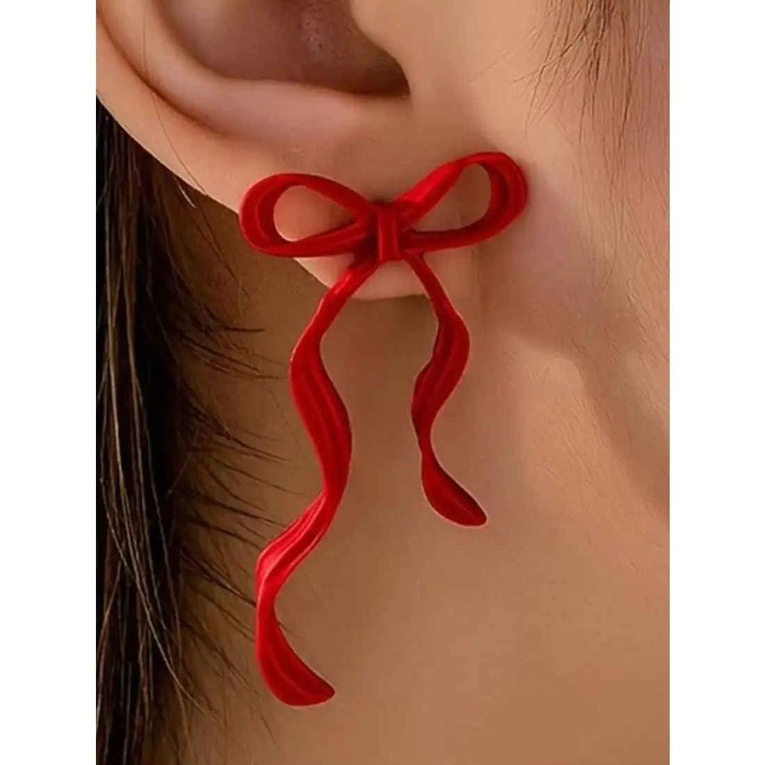 Women's Festive Xmas Pattern Ribbon Bow Stud Earrings - Stainless Steel Female Holiday Jewelry, One Size Fits All, Stocking Stuffer Gift, All Seasons