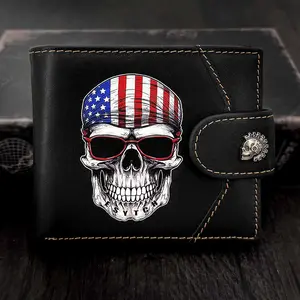Genuine Leather Men's Biker Wallet With Skull Design Bifold Button Closure Purse