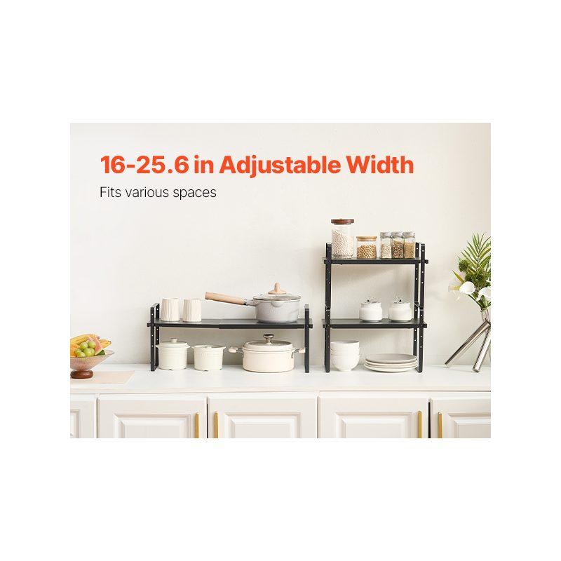 VEVOR Adjustable Kitchen Cabinet Shelf Organizer, Expandable 2 Tier Cabinet Shelf, Stackable Countertop Organizers and Storage Shelf Risers, Pantry Organizers for Kitchen Bathroom Office, Black