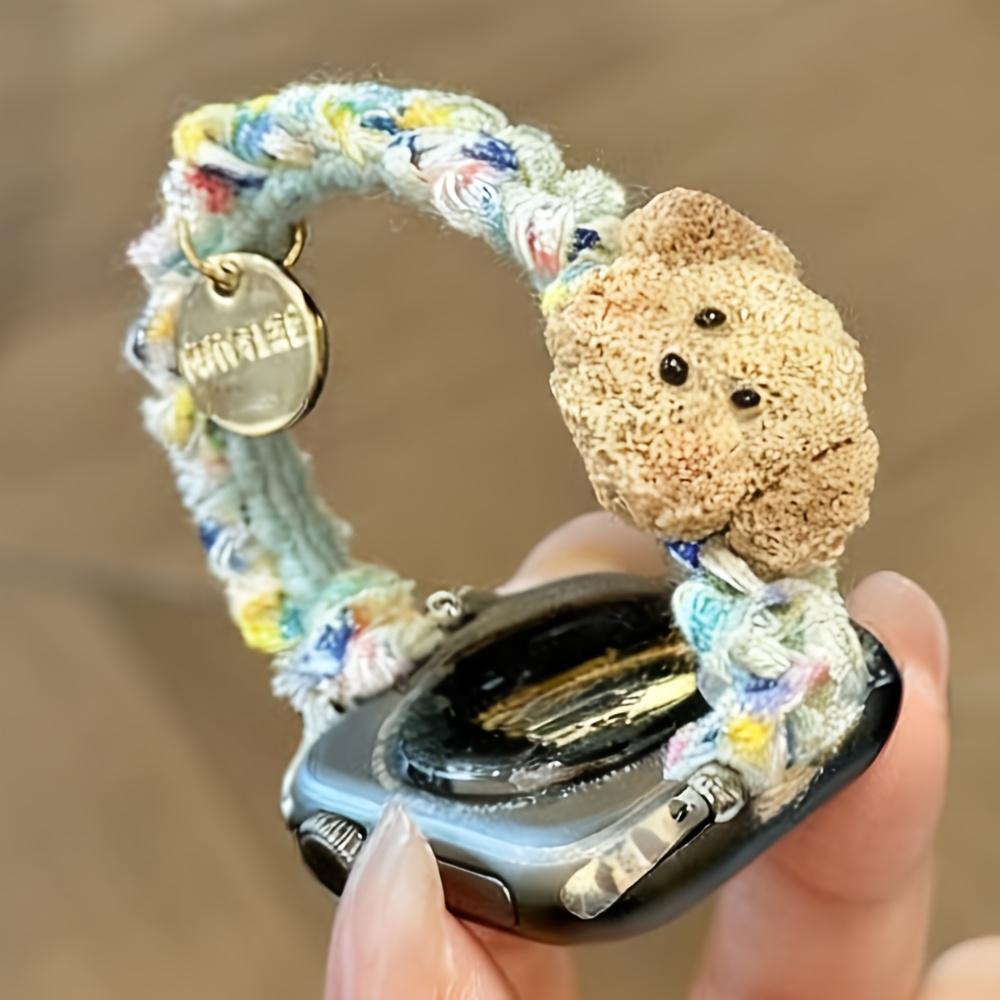 Stylish Cute Scrunchie Gradual Change Elastic Bands with 3D Puppy Dog Pendant for Apple Watch Band 46mm 45mm 44mm 41mm 42mm 38mm 40mm 49mm Ultra 2 Kawaii Adjustable Nylon Straps for iWatch Series 10 9 8 SE 7 6 Stylish Smartwatch Wristband