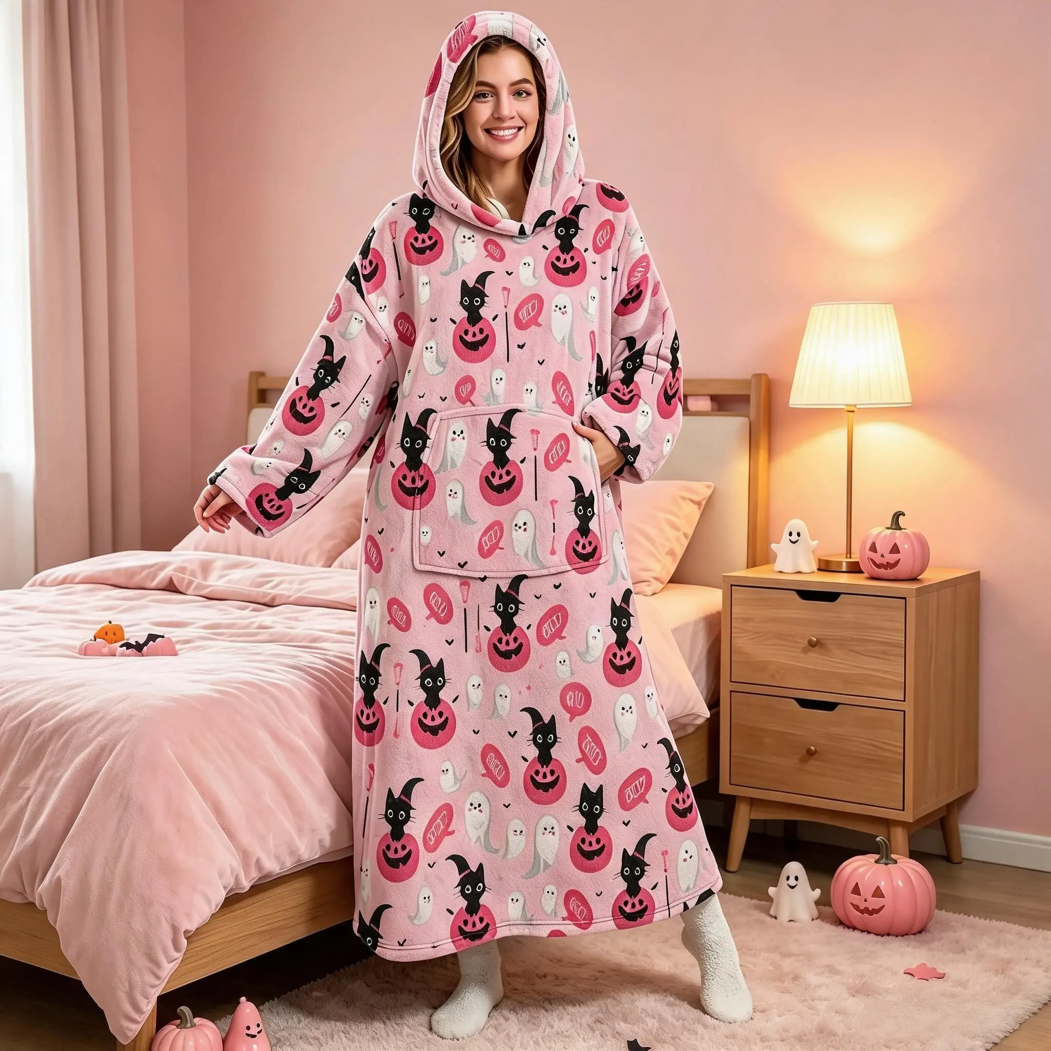 Halloween Cartoon Hooded Wearable Blanket, Soft Flannel Ghost Cape, Thick Warm Cozy, Perfect for Winter Home Relax, Practical Gift