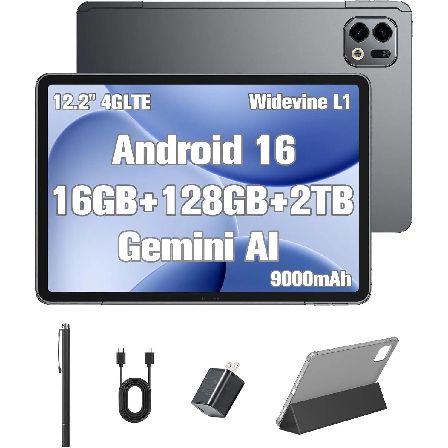Ulefone Tab A12 Pro tablet, 12.2" 2.4K display, 16 GB RAM + 128 GB ROM / expandable up to 2 TB, 90 Hz screen, 9000 mAh battery, 4G LTE, GPS, Wi-Fi, Android 16, includes case and pen.