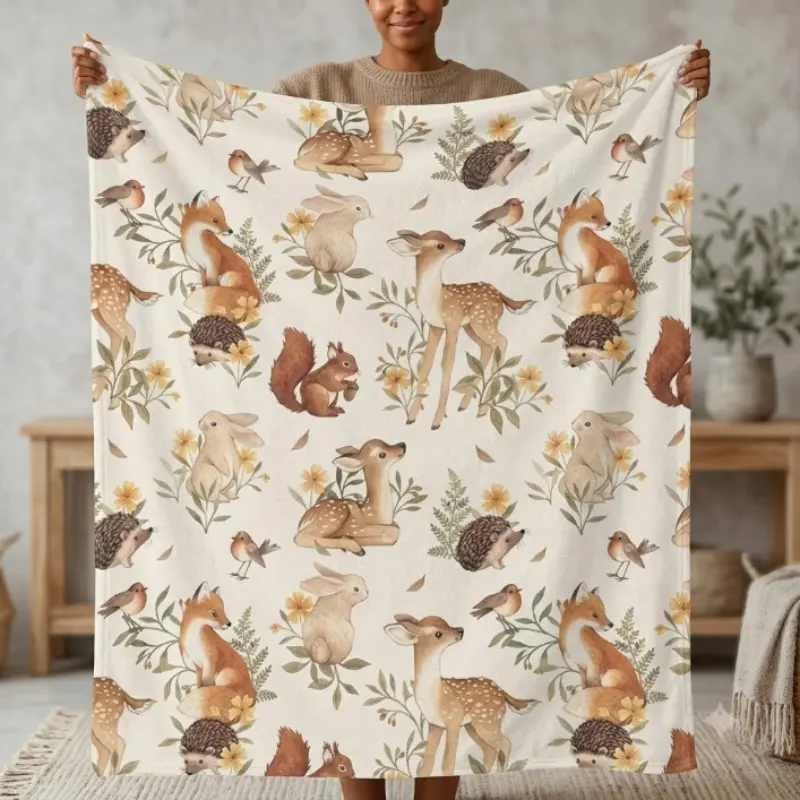 Woodland Animals Flannel Fleece Blanket, Cute Deer Rabbit Fox Squirrel Throw Blanket, Soft Cozy Forest Animal Blanket for Kids Baby Girls Boys, Nursery Decor Gift for Birthday Baby Shower Christmas