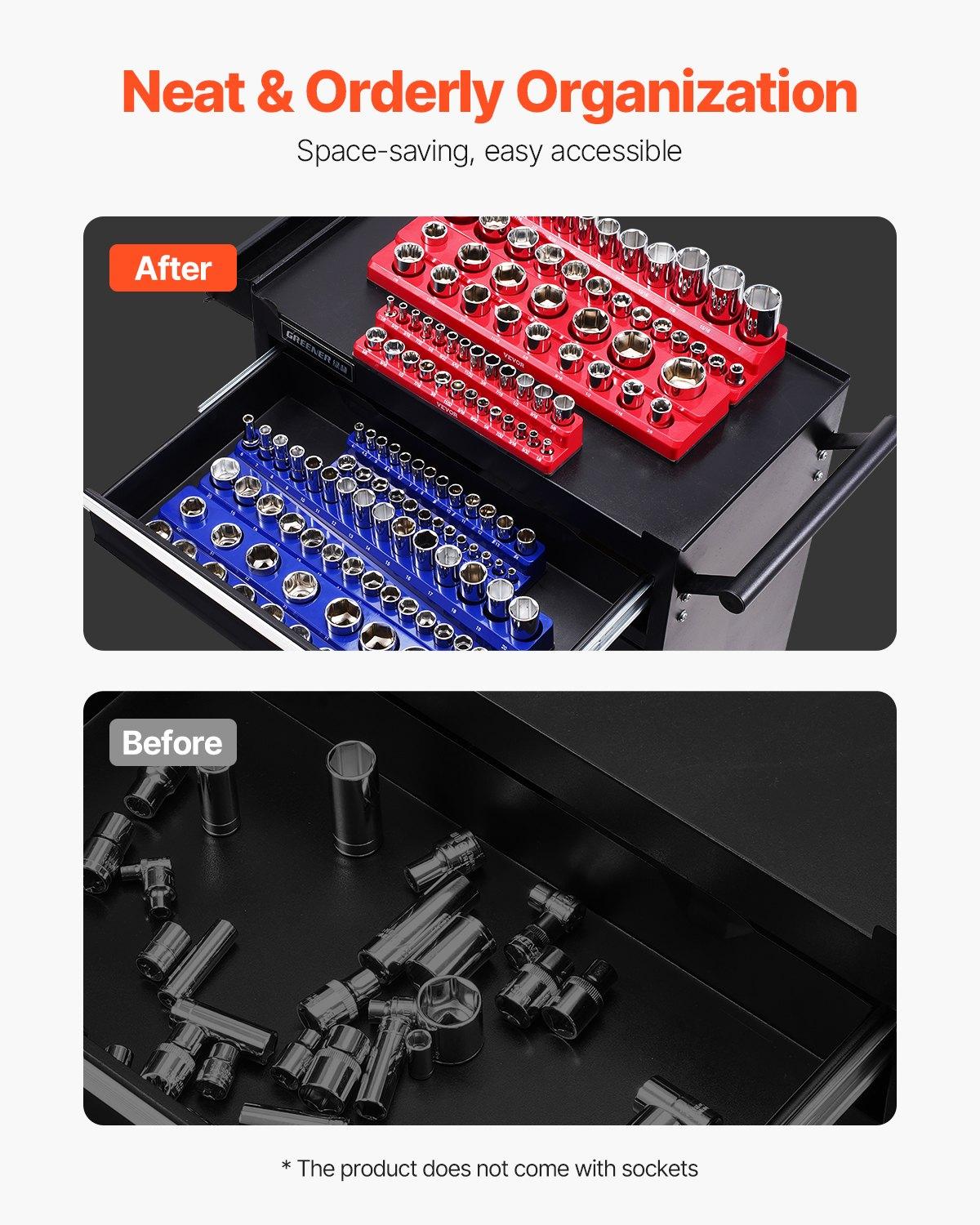 VEVOR Magnetic Socket Organizer Set, 6PCS Socket Holder, 1/4'', 3/8'' & 1/2'' Metric SAE Socket Trays with Clear Labels, Hold up to 143PCS Standard & Deep Sockets, Blue & Red (Sockets Not Included) VEVOR Magnetic Socket Organizer Set, 6PCS Socket Holder, 1/4'', 3/8'' & 1/2'' Metric SAE Socket Trays with Clear Labels, Hold up to 143PCS Standard & Deep Sockets, Blue & Red (Sockets Not Included)