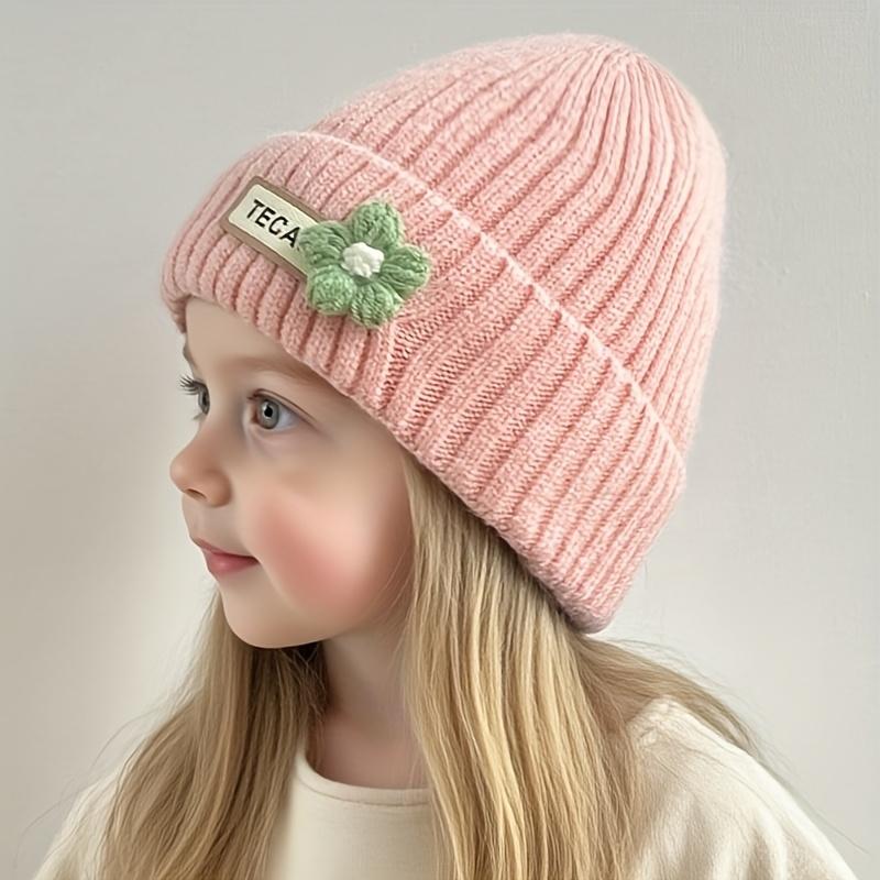 1pc Girls' Winter Hat with Floral Ear Flaps - Thick Knit Beanie, Soft Stretchy Cold Weather Cap for Toddlers & Kids Ages 3-8, Beige/ Pastel Pink/ Navy - Perfect Christmas, Birthday, Thanksgiving Gift for Girls, Seasonal Kids Wear, Playful Design, Comforta