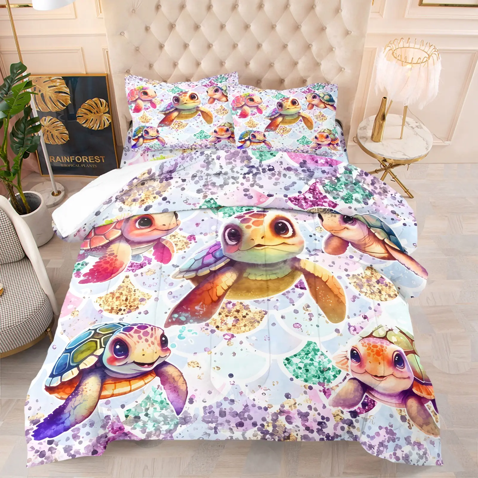 Cute Watercolor Turtle Comforter Bedding Set, 1 Comforter + 1-2 Pillowcases, Glitter Scale Background Cartoon Sea Turtle Pattern, Cozy Washable Quilt, All Season, Sweet Decor For Girls Kids Room